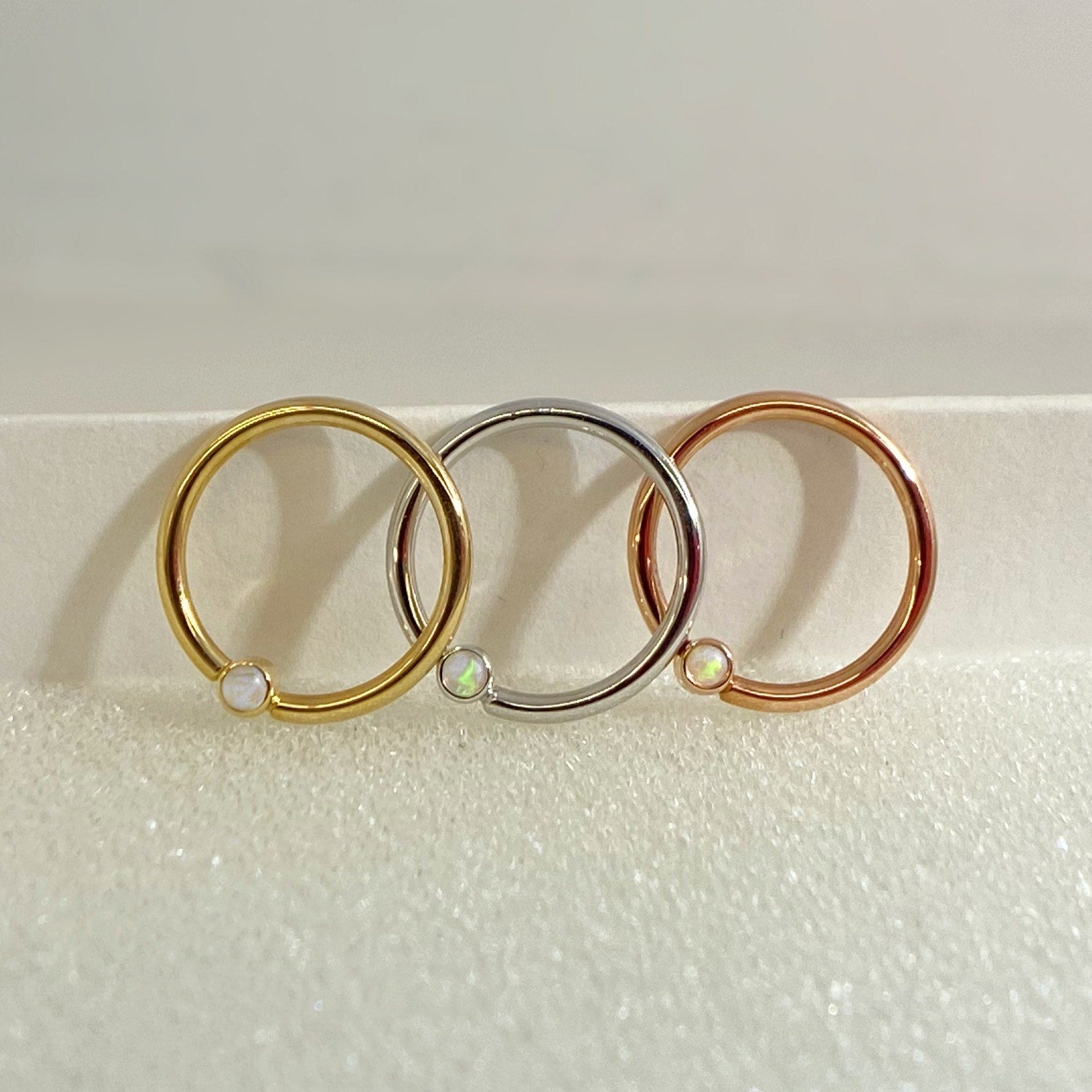 Gold Fixed Bead Ring w/ White Opal Nipple Orientation (BVLA)